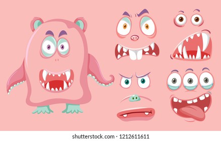 Pink monster and facial expression illustration