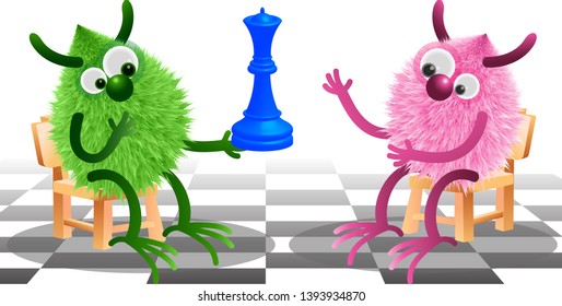 Pink monster and green monster and chess