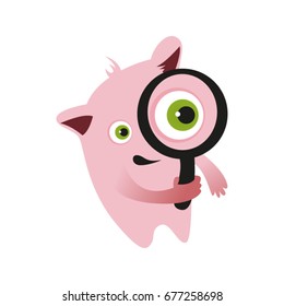 Pink Monster, Illustration for Kids, Magnifying Glass