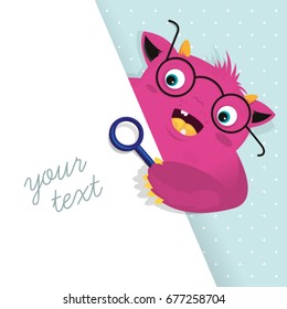 Pink Monster, Illustration for Kids, Search Magnifier, Place for Your Text, Poster