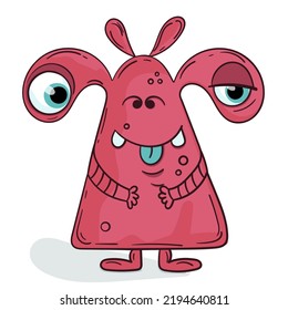 A pink monster on a white background. Isolated alien. Cartoon character with a triangular shape. Gremlin, flat illustration. Halloween character.