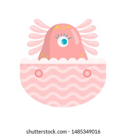 Pink monster in the pocket. Raster illustration clipart design