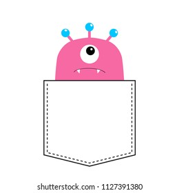 Pink monster silhouette in the pocket looking up. Cute cartoon scary funny baby character. T-shirt design. One eye, fang tooth. White background. Happy Halloween. Flat design. Vector illustration