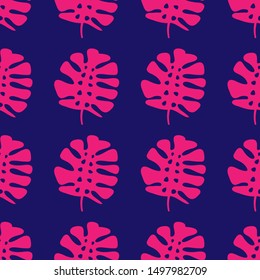 Pink monstera leaves seamless pattern on deep blue background. Trendy wallpapers.