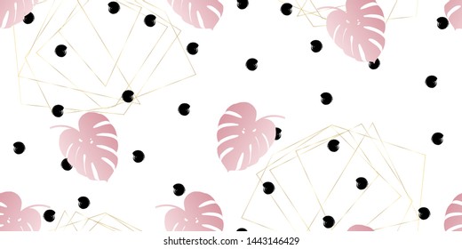 Pink monstera tropical  seamless vector pattern dots background.