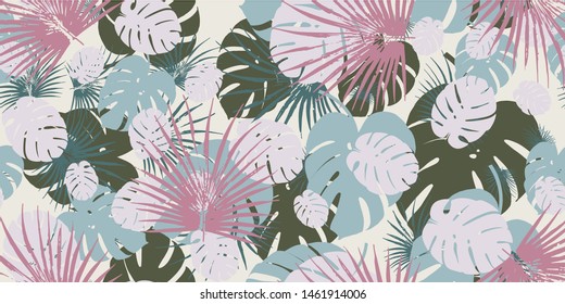Pink monstera tropical  seamless vector pattern background.