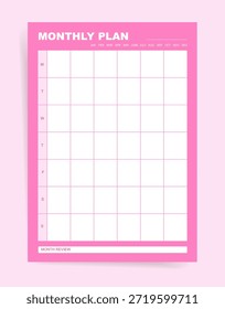 Plantilla de Plan mensual rosa con cuadrícula semanal y sección de revisión mensual. Diseño del calendario con columnas de la semana y espacio para la planificación diaria. Diseño de Vectores para la programación y reflexión.