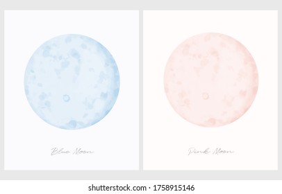 Pink Moon. Blue Moon. Simple Vector Illustration with Watercolor Style Full Moon Ioslated on an Off-White Background. Cute Pastel Color Galaxy Print Ideal for Kids Room Decoration, Wall Art. 