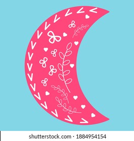 pink moon with branches and hearts, crescent on a blue background. Valentine's Day.