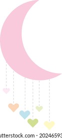Luna rosa con corazones.  Ilustración de niños vectores.  Habitación infantil.  Objeto para una postal.  Impresión en tela.
