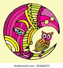 Pink moon illustration with pink-yellow owl