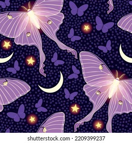 Pink moon moth with stars vector seamles pattern