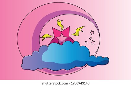 pink moon with star and pink sky with blue clouds