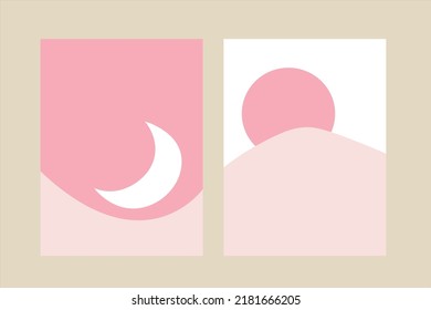 Luna rosa y Sol rosa, dibujos de arte en la pared para la habitación de una niña. Dos simples dibujos abstractos minimalistas. Imprimir diseños listos.
