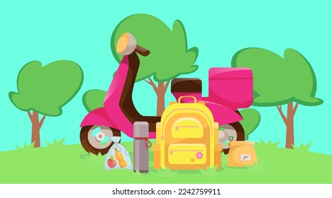 Pink moped, backpack and food on field vector illustration. Cartoon drawing of retro scooter, yellow camping bag, snacks in paper bags, thermos for drink. Summer, picnic, outdoor activity concept