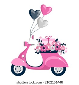 Pink moped with flowers and balloons. Vector clipart.