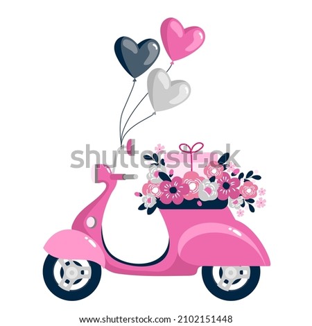 Pink moped with flowers and balloons. Vector clipart.