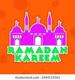 Pink Mosque with stylish text Ramadan Kareem on orange background, can be used as sticker, tag or label design for Islamic holy month of prayers, celebration.