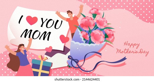 Pink Mother's Day banner. Illustration of a son giving his mother a bouquet of pink carnations and present with a note for Mother's Day on pink background