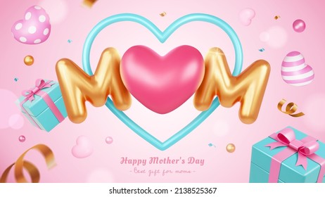 Pink Mother's Day card. 3D Illustration of MOM balloons floating in front of heart shaped frame with gift boxes and confetti on pink background