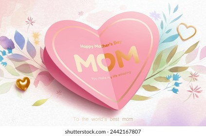 Pink Mothers Day card with golden heart decoration on watercolor leaves background.