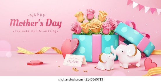 Pink Mother's Day card with mammals. 3D Illustration of elephant figurines with a blue dotted gift box filled with pink and yellow roses in the back on pink background