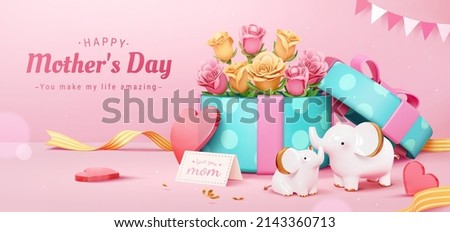 Pink Mother's Day card with mammals. 3D Illustration of elephant figurines with a blue dotted gift box filled with pink and yellow roses in the back on pink background