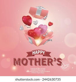 Pink Mother's Day greeting card, heart balloons and ribbons flying out of the opened gift box