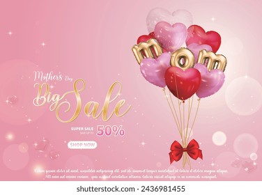 Pink Mother's Day sale background with heart and MOM letter balloons