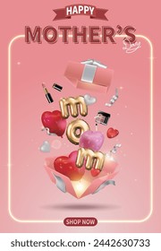 Pink Mother's Day sales guide, open gift box with flying heart balloons and ribbons