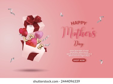 Pink Mother's Day sales guide, open gift box with flying heart balloons and ribbons