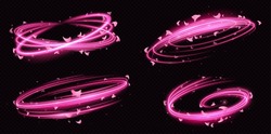 Pink Motion Light Swirl And Flying Cherry Flower Petals Isolated Vector Game Element. Set Of Speed Trail With Glow On Transparent Background. Neon Dynamic And Spiral Waves With Glitter Particles.