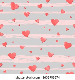 pink motley watercolor hearts and grungy stripes. vector seamless pattern. valentines repetitive background. textile paint. fabric swatch. wrapping paper. wedding continuous print. design element