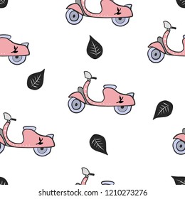 Pink motorcycle and leaf Seamless pattern. Exotic fashion trend and textile design. Repeated vector illustration.