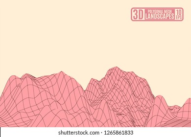 Pink mountain mesh polygonal landscape on a yellow background