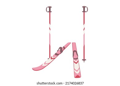 Pink mountain ski and sticks set for snowy sport and weekend vector illustration isolated on white background