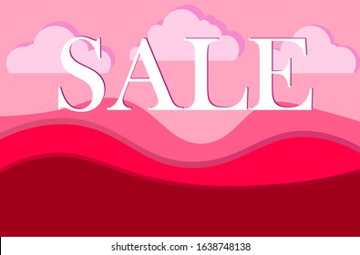 Pink mountains with iridescence, white clouds, drawing about a journey in the sky. With the words: Sale
