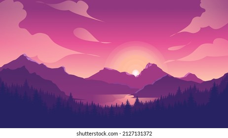 Pink mountains landscape background, sunset mountains. mountains view with clouds in dusk