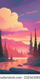 Pink mountains landscape background, sunset mountains. Beautiful vector background with lake and forest at sunset. Stones in the water and reflections in the river.