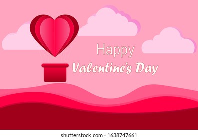 Pink mountains with overflow, white clouds, a balloon in the form of a heart. Drawing about a journey in the sky. With the words: Happy Valentine's Day