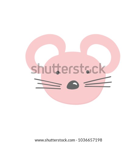 Pink mouse baby face. Vector illustration of cute  animal face icon isolated on white background. Child and baby print design