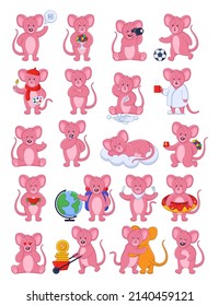 Pink mouse cartoon character in different poses sticker set. Collection of cute drawings with funny mouse, rat mascot vector illustrations isolated on white background. Emotions, animals concept