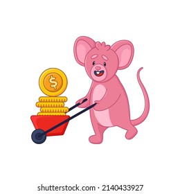 Pink mouse cartoon character with gold coins in cart sticker. Cute smiling comic rat with money in wheelbarrow flat vector illustration isolated on white background. Emotions, animals concept