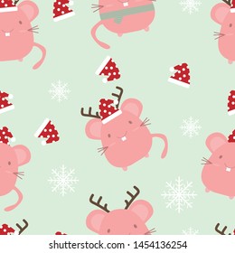 pink mouse wearing christmas hat with snow flake and green background seamless pattern