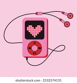 Pink mp3 player with headphones - vector illustration.