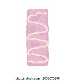 Pink muesli bar in cartoon style unpacked, healthy homemade strawberry snack. An organic dessert for vegans. Sports nutrition. Vector isolated on white background.