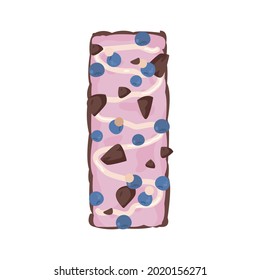 Pink muesli bar with chocolate pieces and blueberries in cartoon style, healthy homemade strawberry snack. An organic dessert for vegans. Sports nutrition. Vector isolated on white background