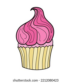 Atractivo de aleta de muffin rosa con ilustración vectorial de doodle de crema de frambuesa aislado en fondo blanco. Pastel de aguacate de fresa dulce y sabroso estilo de dibujos animados contorno decoración vectorial elemento alimento.