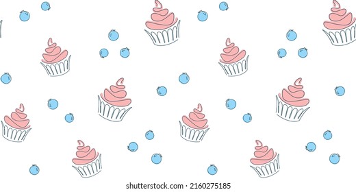 Pink muffins and blueberries on a white background. Endless texture with abstract cupcake and berry. Vector seamless pattern for wrapping paper, cover, sweet shop, pastry shop, confectionery and print