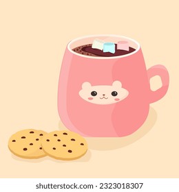 Pink mug with coffee and marshmallows